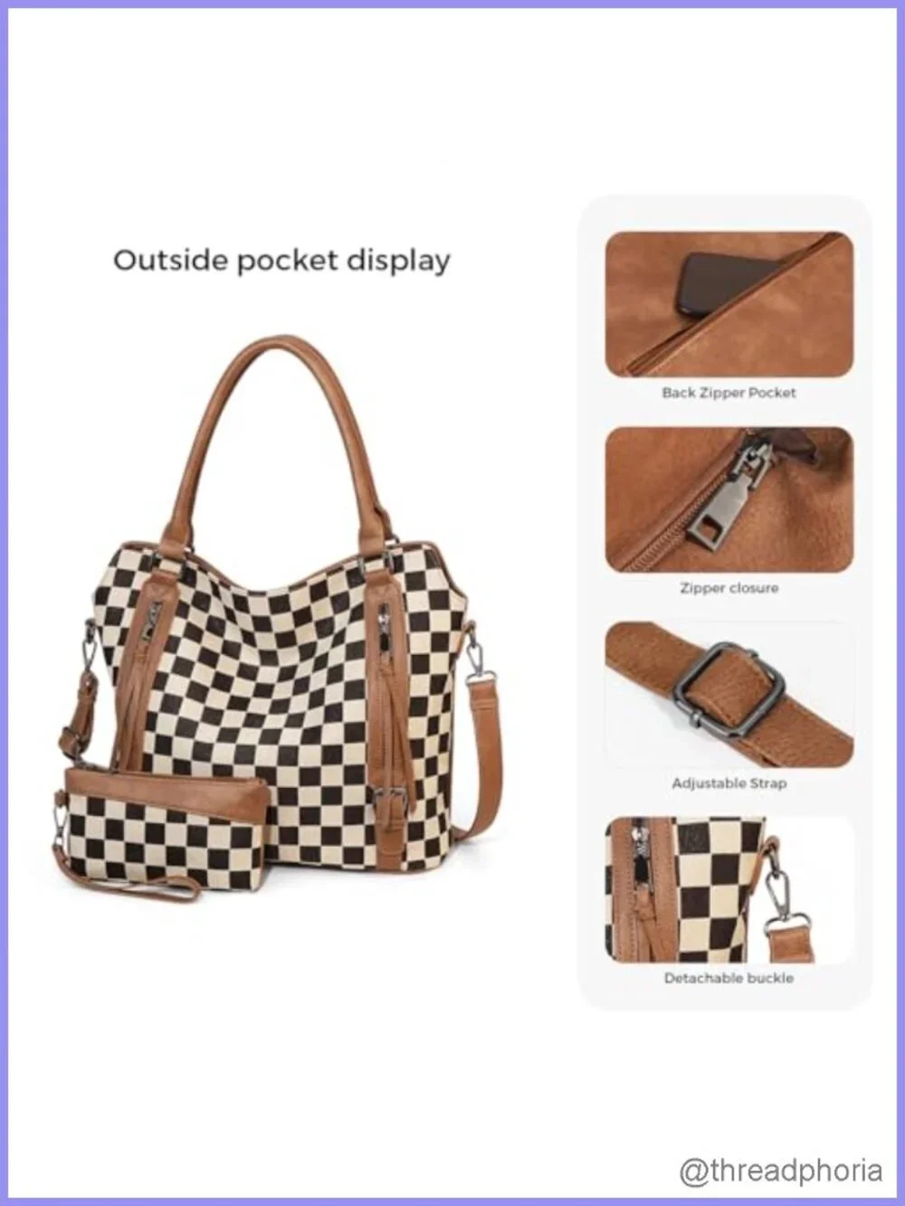 Checkered Hobo Tote Bag for Women Large PU Leather Shoulder Handbag with Pouch